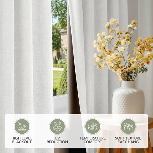 100% Blackout Linen Curtains for Bedroom Living Room 84 Inch Long (Cream/100% Blackout / 52"W x 84"L (Pack of 2))