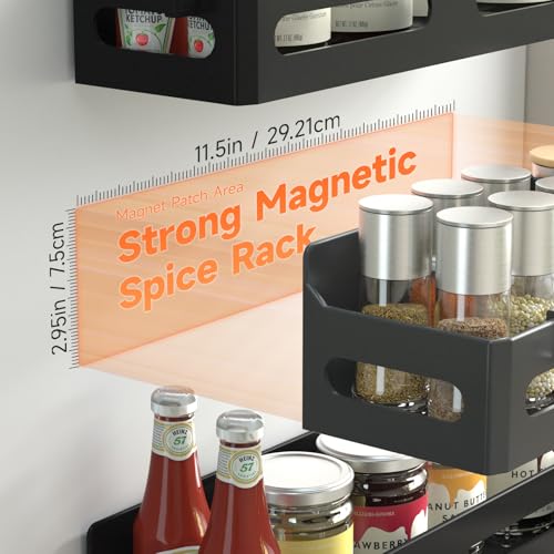 6 Pack Magnetic Spice Rack for Refrigerator with Hooks (Black / 6 Pack)