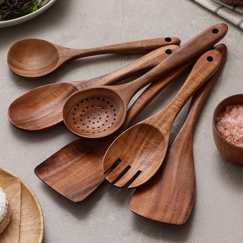 6 Piece Natural Teak Wooden Utensils Set