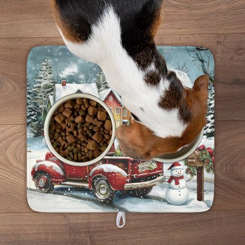 Christmas Dish Drying Mat for Kitchen Counter 18x16 Inch Xmas Red Truck Drying Mat with Absorbent Reversible Microfiber House Snowman Winter Dish Drainer Mats Rack Pad for Coffee Countertop Protector (Red Truck / 18" x 16")