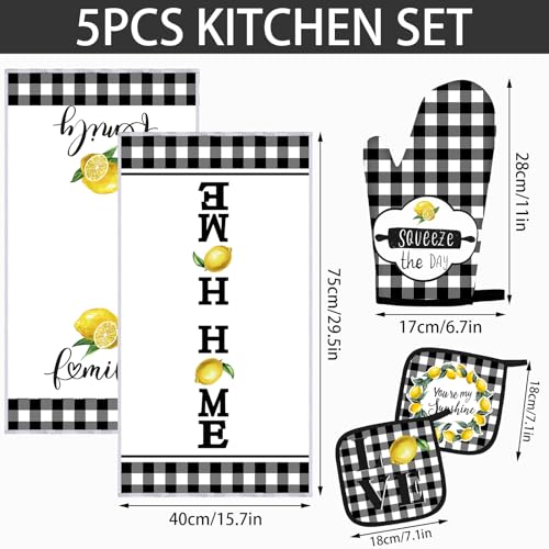 5 Pcs Buffalo Plaid Kitchen Towels Oven Mitts and Pot Holder Set (Lemon)