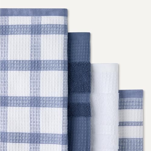 Organic Cotton Waffle Kitchen Dish Towels (4 Navy Strip/Checker, 1 White, 1 Navy Solid / 15 x 25 inches)