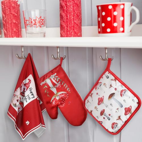 6 Pcs Mushroom Kitchen Towels Oven Mitts and Pot Holders (Red, Black / Christmas Mushroom Theme)