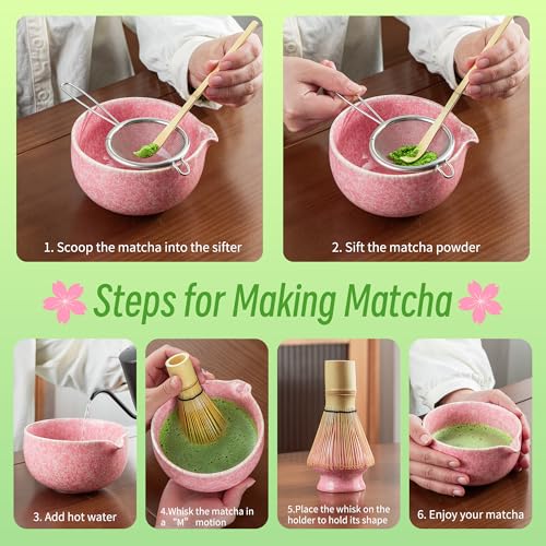 Matcha Whisk Set (Pink / 7 pcs/set, Bowl with Pouring Spout)