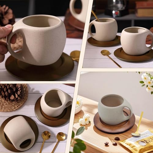 Ceramic Coffee Mug with Natural Wood Saucer & Spoon