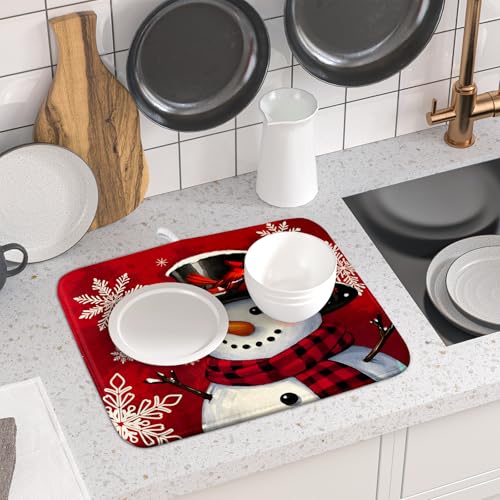 Christmas Snowman Dish Drying Mat for Kitchen Counter 16x18 Xmas Snowflake Winter Holiday Dark Red Absorbent Reversible Microfiber Drying Mats Kitchen Countertop Protector Dishes Drainer Rack Pad (16" x 18")