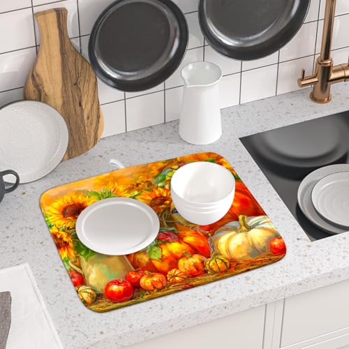 Vintage Fall Autumn Dish Drying Mat 16"x18" Small Rustic Pumpkin Sunflower Bird Dish Drainer Mats Thanksgiving Farmhouse Reversible Dish Drying Pad for Kitchen Countertop Dining Room (18" x 16")