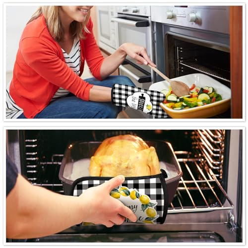 5 Pcs Buffalo Plaid Kitchen Towels Oven Mitts and Pot Holder Set (Lemon)