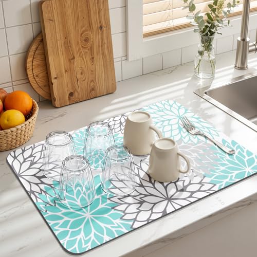 2PCS 12" x 20" Dish Drying Mat & 24" x 5.5" Sink Splash Guard (Teal / 12" X 20" + 24" X 5.5")