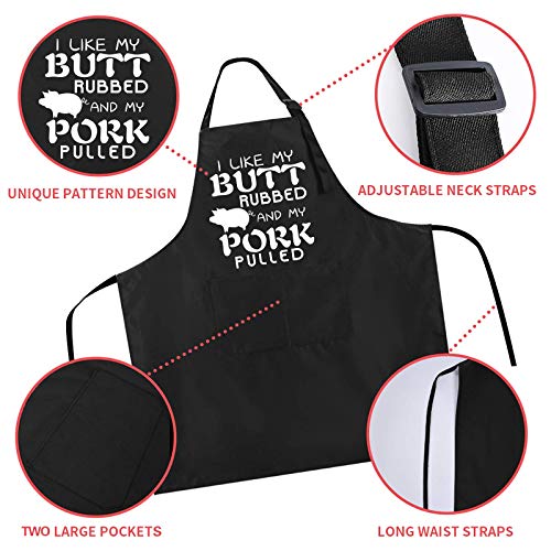 Funny BBQ Black Chef Aprons for Men (I Like My Butt Rubbed and My Pork Pulled)