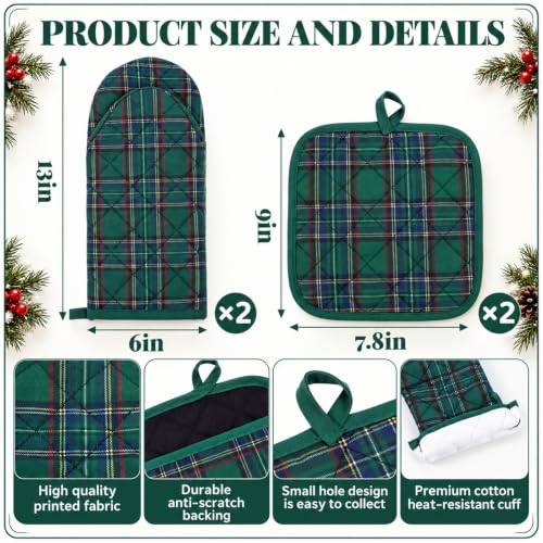 7 Pcs Christmas Green Tartan Kitchen Decor Set Towels Dish Mitt (Christmas Green)