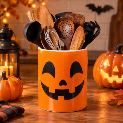 Halloween Ceramic Utensil Holder (Halloween Pumpkin / 4.72 x 6.3 Inches/ 12 x 16 cm)