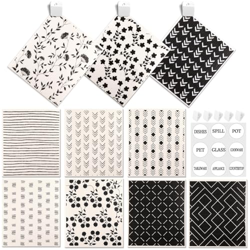 10 Pack Swedish Dishcloths with Hook (10 Pack-black White+ Clips)