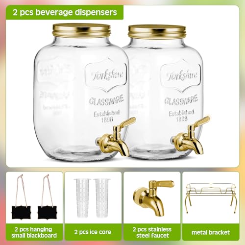 2 Pcs 2 Gallon Glass Drink Dispenser with Stand Ice Cylinder Hanging Chalkboard Signs 18 (Gold)