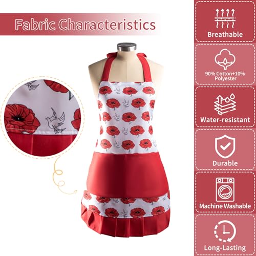 Vintage Floral Apron for Women with Functional Pockets Adjustable Neck Strap for Cooking Baking Mother's Gift (Rose)