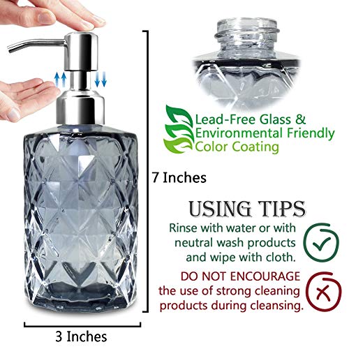 12Oz Diamond Grey Glass Soap Dispenser with 304 Rust Proof Soap Pump (Gray)