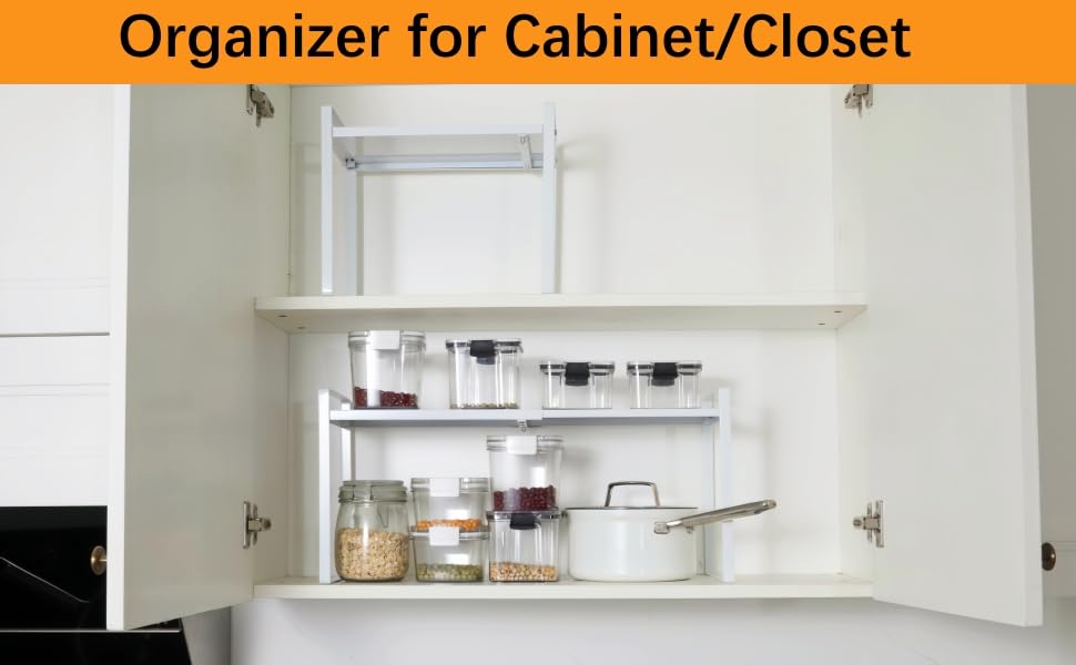 2 Pack Expandable Cabinet Shelf Organizer Riser for Kitchen Pantry Cupboard Under Sink Countertop (8.2''D * 12.2-21.6''W * 10.4''H(2 Pack) / White)