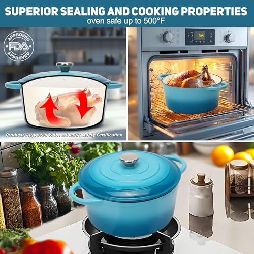 5QT Enameled Cast Iron Dutch Oven for Bread Baking with Lid (Teal / 5 QT (Bread Pan))