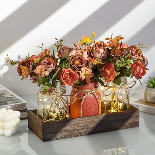 3 Pcs Mason Jar Centerpiece Table Decorations for Dining Table Decor Farmhouse Coffee Table Decor with Wood Tray and Led Light Table Centerpieces for Dining room Kitchen Living Bathroom (orange)