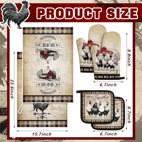 6 Barn Farm Farmhouse Kitchen Decor Dish Towels Oven Mitts and Pot Holders Sets Chicken Kitchen Towels Absorbent Decorative Accessories for Cooking Baking Grilling (Retro Gray / Barn Farm)