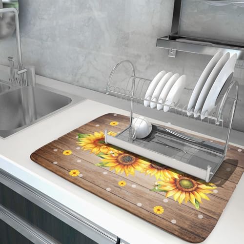 Summer Sunflower Bee Dish Drying Mat for Kitchen Counter (18" x 24")
