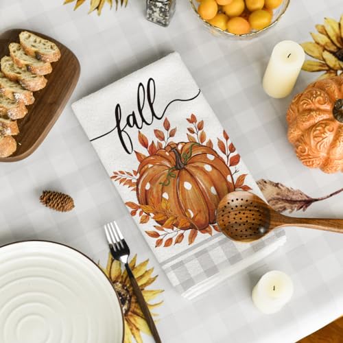 Orange Pumpkin Leaves Fall Kitchen Towels Set of 2 18x26 Inch (Orange/Beige)