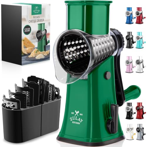 Rotary Cheese Grater Manual Hand Crank 5 Blade Shredder (5 Blades / Green & Black)
