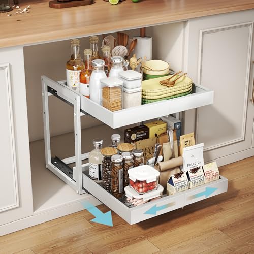 2 Tier Expandable Pull Out Cabinet Organizer (16" Deep / White)
