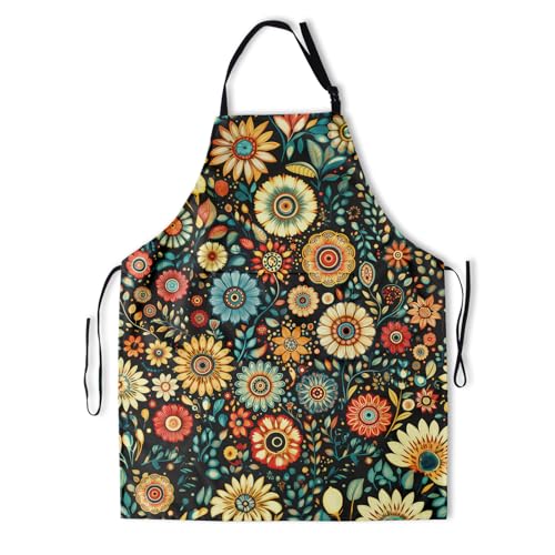Boho Floral Adjustable Apron Colorful Flowers Printed Apron for Kitchen Cooking Griling Gardening (33" x 28"(Pack of 1) / Boho Flora Black)