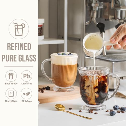 16oz Glass Coffee Mugs with Handles and Spoon Set of 4 Ribbed Mug (Ribbed)