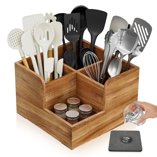 Kitchen Utensil Holder with Stone Drying Mats (WOOD COLOR)