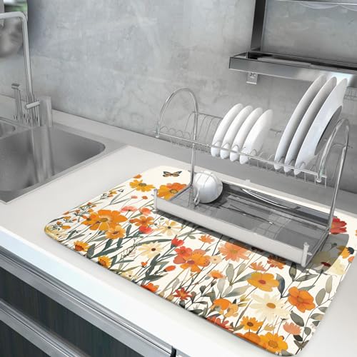 Fall Orange Wildflower Dish Drying Mat for Kitchen Counter (18" x 24")