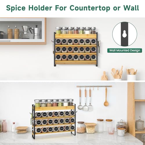 Spice Seasoning Rack Organizer Kitchen Countertop (Bamboo+Black)