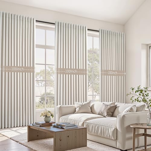 Extra Wide 100 Inch Length Blackout Curtains & Drapes 90 Inches Long 2 Panels Set for Sliding Glass Doors Modern Pleated Linen Blend Heavy Floor to Ceiling Large Window Drapes (Birch / 100"W x 90"L (Pack of 2))