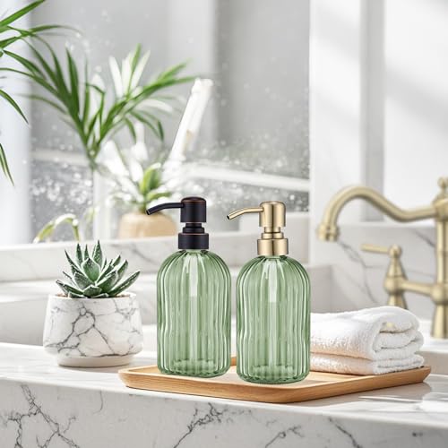 16Oz Green Glass Soap Dispenser with Rust Proof Stainless Steel Pump (Brushed Gold + Green / 1-Pack)