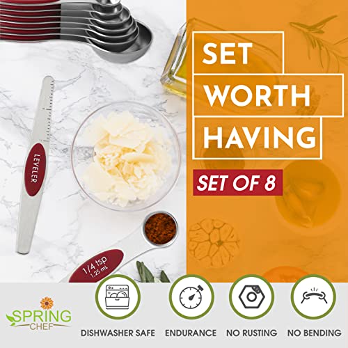 Stainless Steel Magnetic Measuring Spoons Set of 8 (Red / 1-Pack)