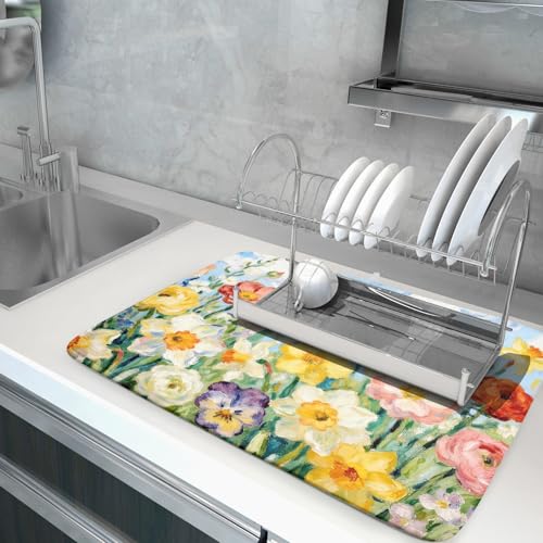 Spring Floral Dish Drying Mat for Kitchen Counter 18x24 Yellow Pink Narcissus Flower Seasonal Themed Summer Absorbent Reversible Microfiber Drying Mats Kitchen Countertop Protector Dishes Drainer Pad (18" x 24")