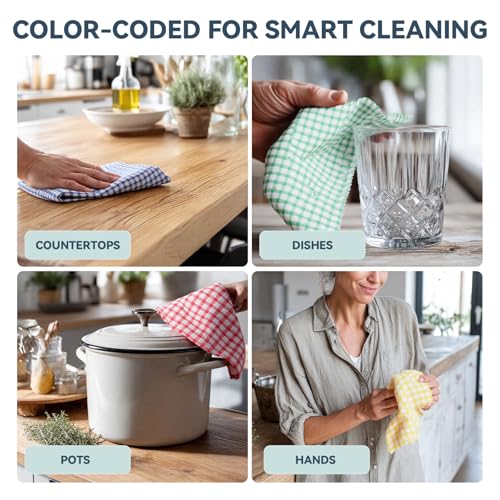 100% Cotton Kitchen Dish Cloths (Blue, Green, Red, Yellow / 12"x12" - 8 pcs)