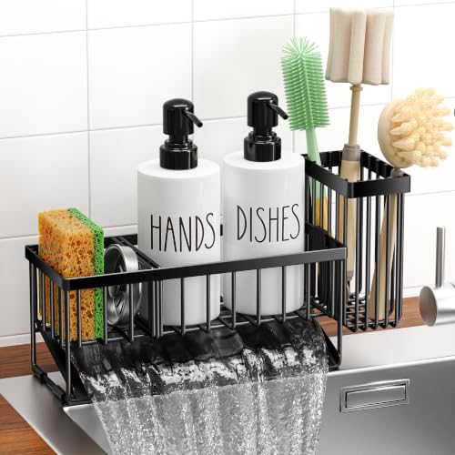 Kitchen Dish Soap Dispenser Set with Sponge Holder (Black+white)