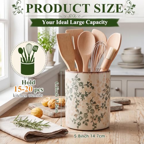 Rustic Ceramic Utensil Holder Brown Green Floral 6.9" (Brown Green Floral / 6.9" / Rustic)