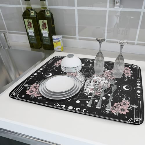 Skeleton Butterfly Dish Drying Mat Black Skull Absorbent Dish Drainer for Kitchen Counter Holiday Decor (Skeleton Butterfly Black / 24" x 18")