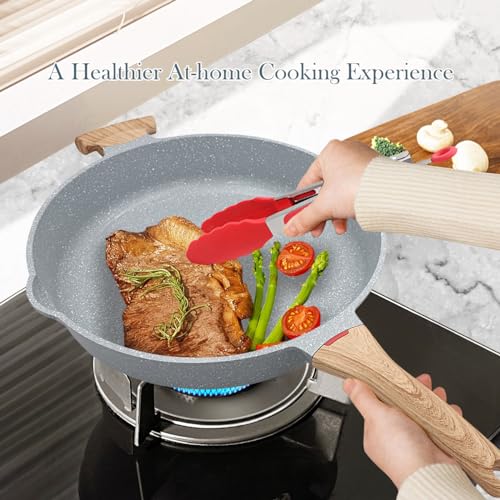 14 Inch Ceramic Deep Frying Pan with Lid (Blue)