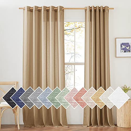 Sheer Linen Curtains Flax Texture 96 inch Long for Sliding Door (70"W x 96"L (Pack of 2) / Camel)