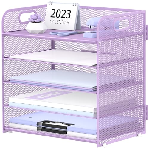5 Trays Paper Organizer Letter Tray with Handle (Purple)