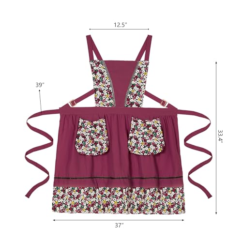 Kitchen Aprons for Women with Pockets Cute Floral Chef Pinafore Apron for Gardening Cooking Baking Painting (Burgundy)