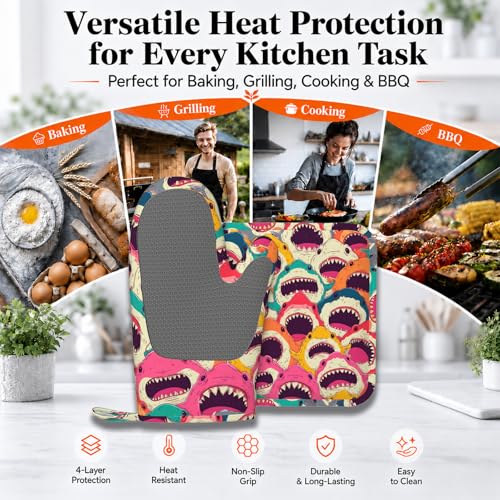 Colorful Shark Oven Mitts and Pot Holders Sets Angry Sharks Non (Colorful Shark)