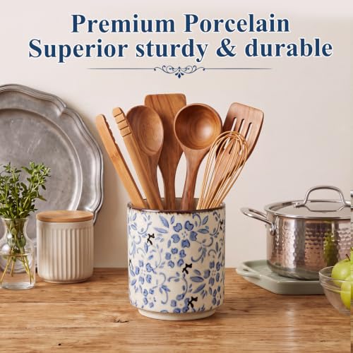 Rustic Ceramic Utensil Holder Blue Floral 5.5" (Blue Floral / 5.5" / Rustic)