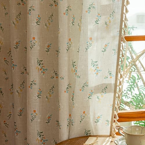 Boho Floral Linen Farmhouse Curtains 84 Inch Length 2 Panels Semi (Blue and Orange / 50"W x 84"L (Pack of 2))