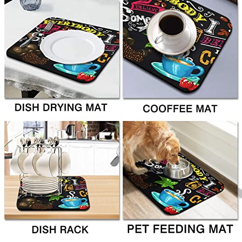 Coffee Bar Mat Accessories for Countertop Absorbent Hide Stain Rubber Backed Dish Drying Mats for Kitchen Counter Draining Pad Decor Gift (Coffee-3 / 16" x 18")