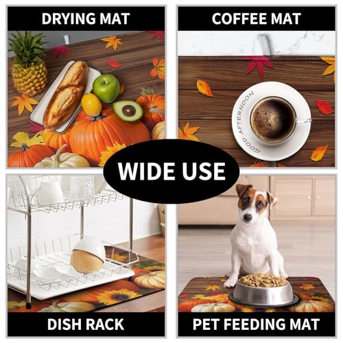 AutumnThanksgiving Pumpkin Dish Drying Mat for Kitchen Counter 18x24 Inch Fall Sunflowers Maple Leaves Harvest Kitchen Drying Mat Microfiber Super Absorbent Dish Rack Drainer Mat with Hanging Loop (Pumpkin / 18" x 24")